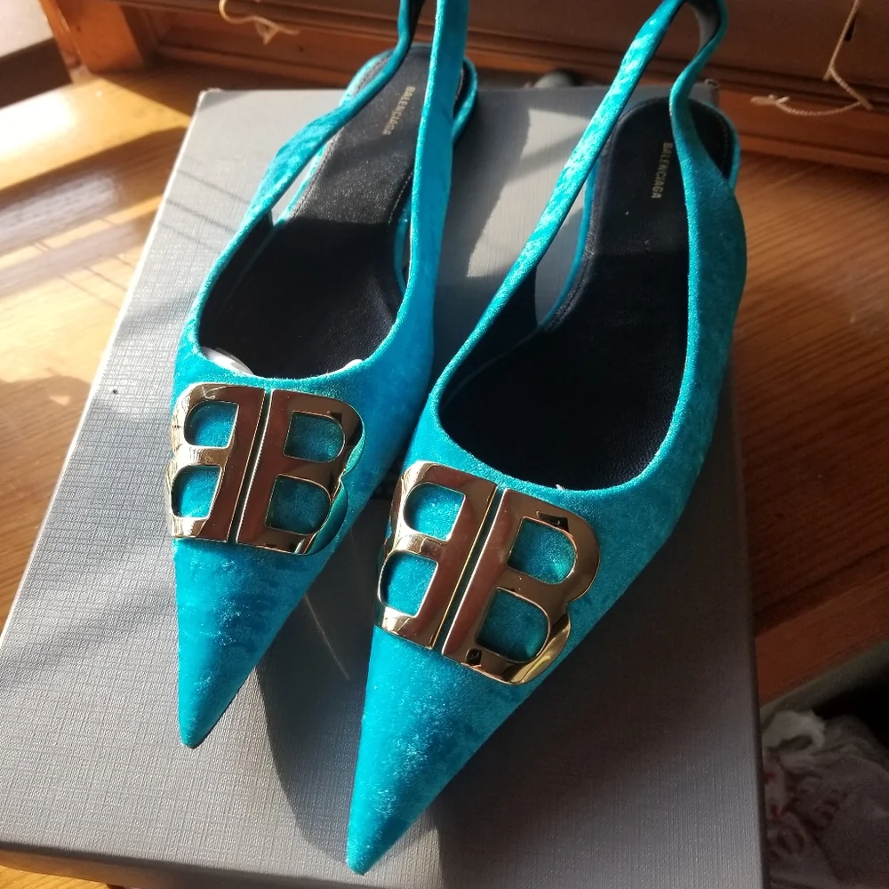 Balenciaga Teal Velvet Slingback Flats with Gold BB Logo - Picture 3 of 17